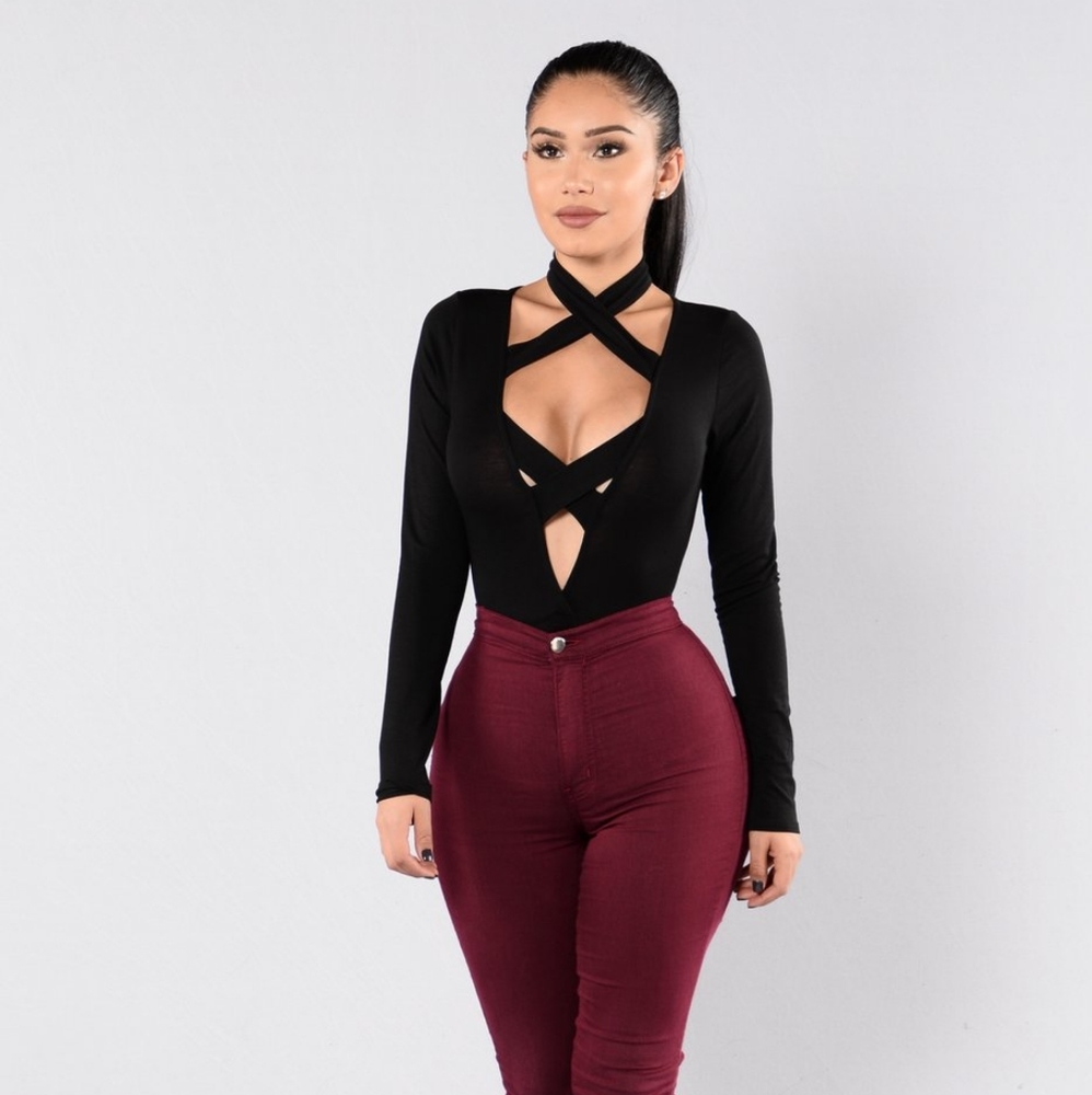 Cross Front Black Bodysuit